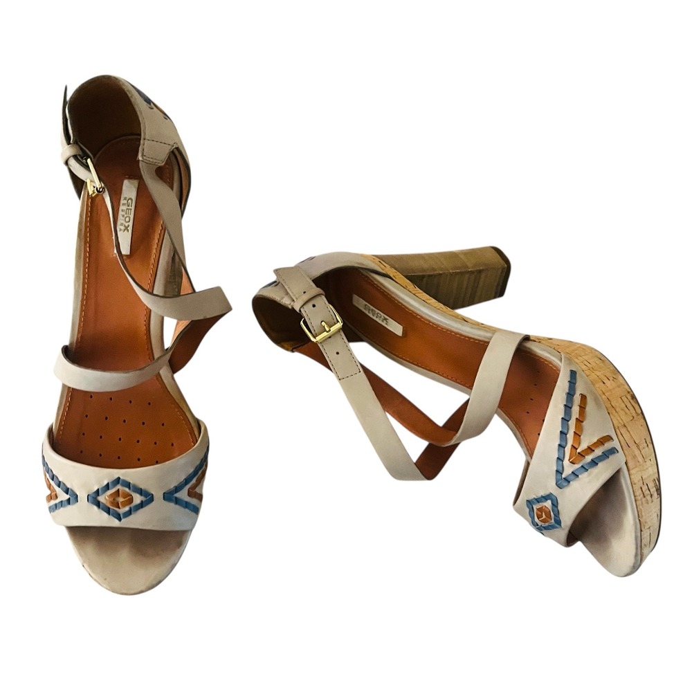 Geox Platform Sandals Block Heel Ankle Strap Leather Beige Size 7.5